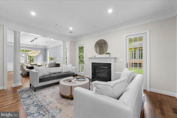 Chandelier, Dining room, Fireplace, Interior, Living room, Recessed Lighting, Wood Texture Flooring