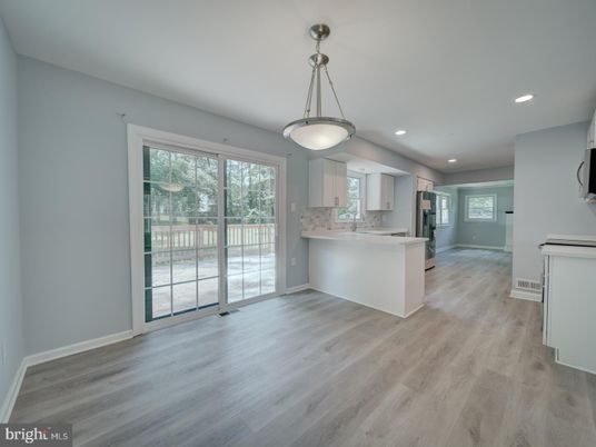 Empty room, Interior, Kitchen, Pendant Lights, Recessed Lighting, Wood Texture Flooring