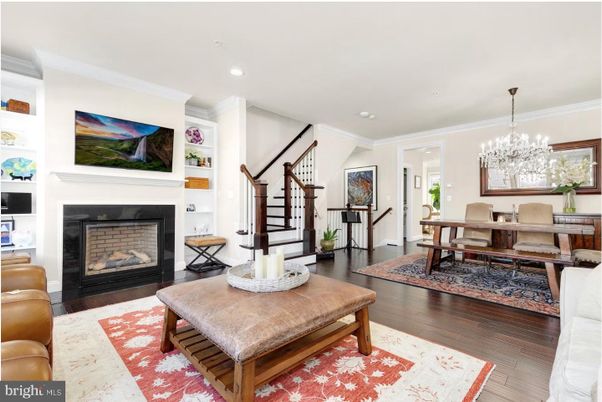 Chandelier, Dining room, Fireplace, Interior, Recessed Lighting, Wood Texture Flooring