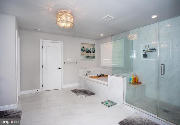 Bathroom, Glass Shower, Interior, Marble, Marble Walls, Recessed Lighting