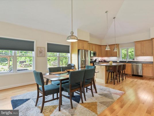 Dining room, Interior, Kitchen, Pendant Lights, Stainless Steel Appliances, Wood Texture Flooring