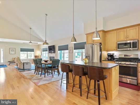 Dining room, Interior, Kitchen, Living room, Pendant Lights, Stainless Steel Appliances, Wood Texture Flooring