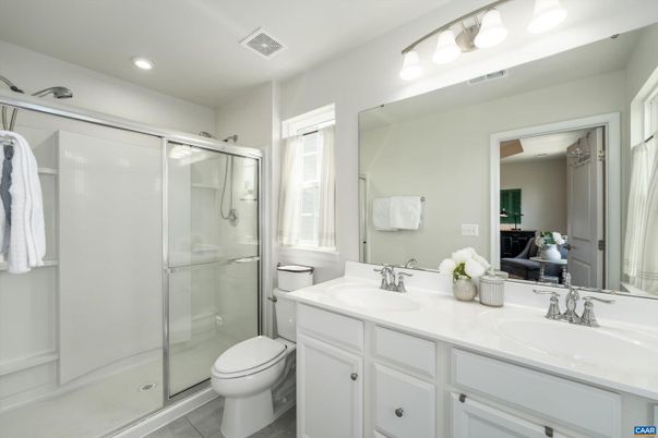 Bathroom, Dual Sink Vanities, Glass Shower, Interior, Recessed Lighting