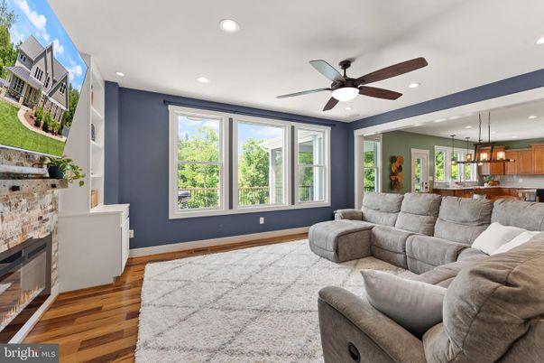 Fireplace, Interior, Kitchen, Living room, Pendant Lights, Recessed Lighting, Wood Texture Flooring