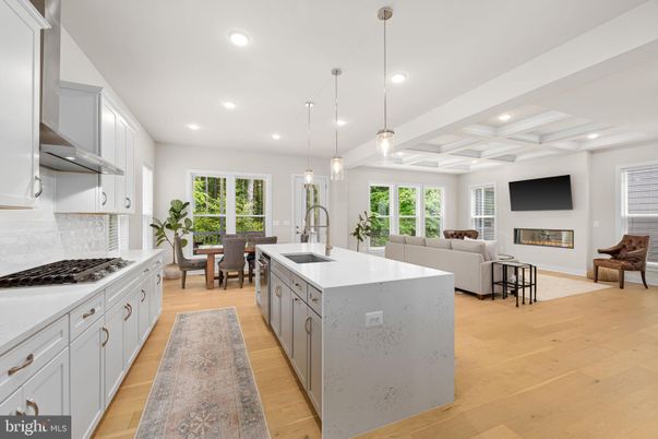 Dining room, Fireplace, Interior, Kitchen, Living room, Pendant Lights, Recessed Lighting, Wood Texture Flooring