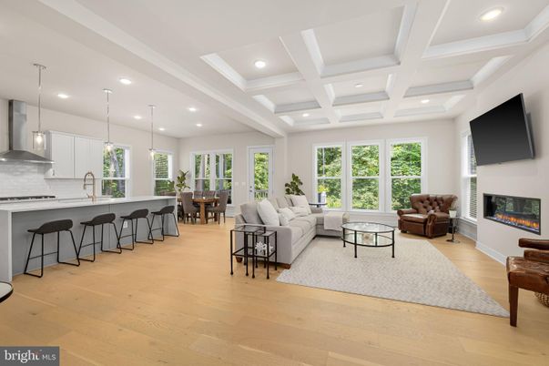 Dining room, Fireplace, Interior, Kitchen, Living room, Pendant Lights, Recessed Lighting, Wood Texture Flooring