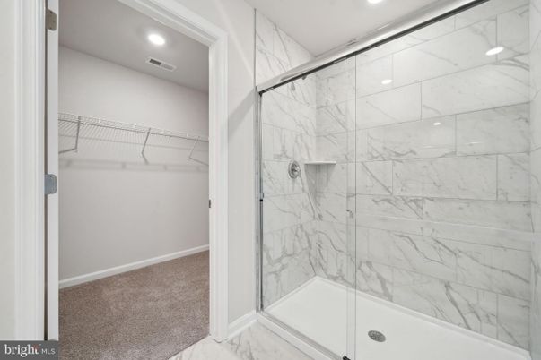 Bathroom, Glass Shower, Interior, Marble, Marble Walls, Recessed Lighting, Walk-in Closets