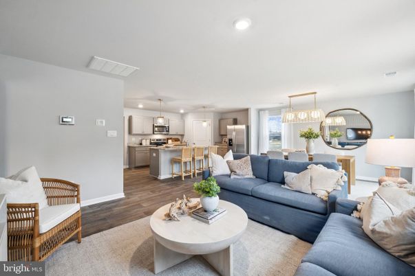 Dining room, Interior, Kitchen, Living room, Pendant Lights, Recessed Lighting, Stainless Steel Appliances, Wood Texture Flooring