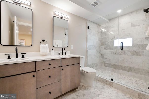 Bathroom, Dual Sink Vanities, Glass Shower, Interior, Marble, Recessed Lighting