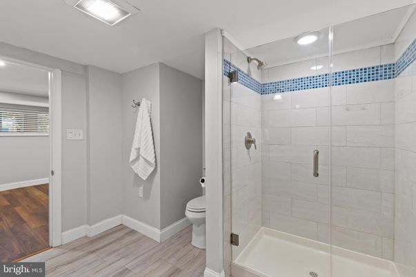 Bathroom, Glass Shower, Interior, Recessed Lighting, Wood Texture Flooring