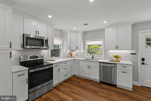 Interior, Kitchen, Recessed Lighting, Stainless Steel Appliances, Wood Texture Flooring