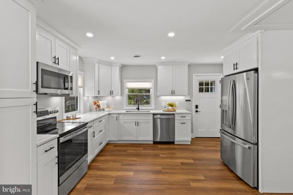 Interior, Kitchen, Recessed Lighting, Stainless Steel Appliances, Wood Texture Flooring