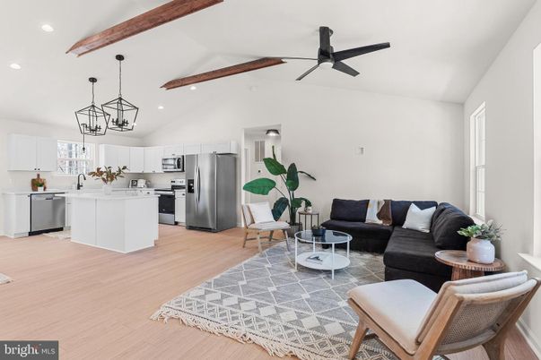 Interior, Kitchen, Living room, Pendant Lights, Recessed Lighting, Stainless Steel Appliances, Wooden Beams, Wood Texture Flooring