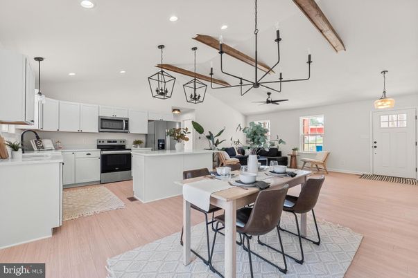 Dining room, Interior, Kitchen, Pendant Lights, Recessed Lighting, Stainless Steel Appliances, Wooden Beams, Wood Texture Flooring