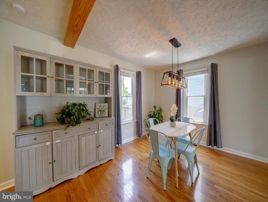 Dining room, Interior, Pendant Lights, Wooden Beams, Wood Texture Flooring