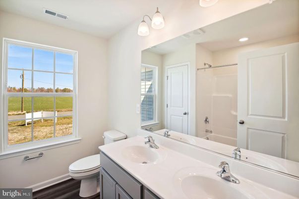 Bathroom, Dual Sink Vanities, Interior, Recessed Lighting, Wood Texture Flooring