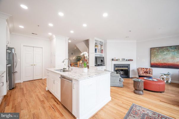Fireplace, Interior, Kitchen, Living room, Recessed Lighting, Wood Texture Flooring