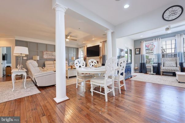 Dining room, Interior, Living room, Recessed Lighting, Wood Texture Flooring