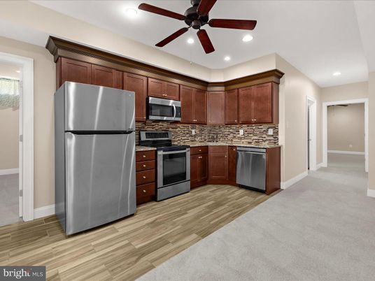 Interior, Kitchen, Recessed Lighting, Stainless Steel Appliances, Wood Texture Flooring