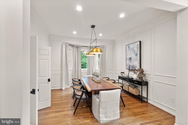 Dining room, Interior, Pendant Lights, Recessed Lighting, Wood Texture Flooring