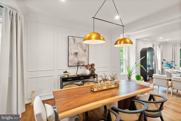 Dining room, Interior, Pendant Lights, Recessed Lighting, Wood Texture Flooring