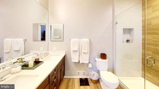 Bathroom, Glass Shower, Interior, Wood Texture Flooring