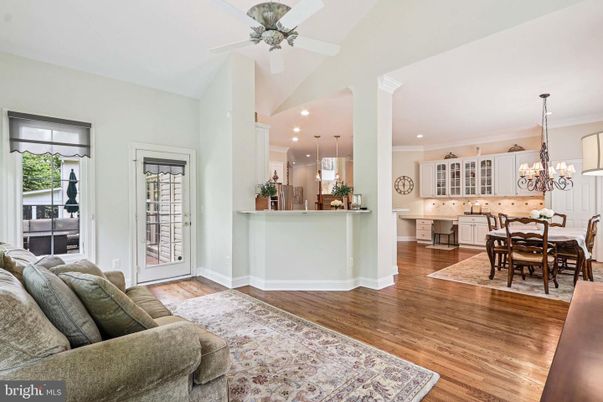 Chandelier, Dining room, Interior, Kitchen, Living room, Pendant Lights, Recessed Lighting, Wood Texture Flooring