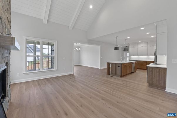 Fireplace, Interior, Kitchen, Pendant Lights, Recessed Lighting, Wood Texture Flooring