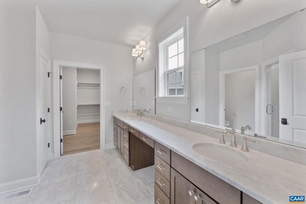 Bathroom, Dual Sink Vanities, Interior, Marble, Wood Texture Flooring