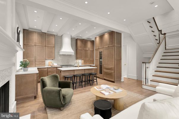 Fireplace, Interior, Kitchen, Living room, Recessed Lighting, Wood Texture Flooring