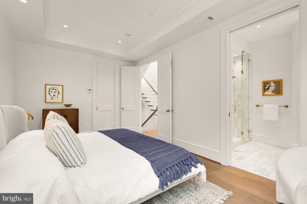 Bathroom, Bedroom, Glass Shower, Interior, Recessed Lighting, Wood Texture Flooring