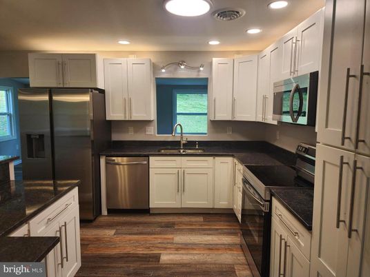 Interior, Kitchen, Recessed Lighting, Stainless Steel Appliances, Wood Texture Flooring
