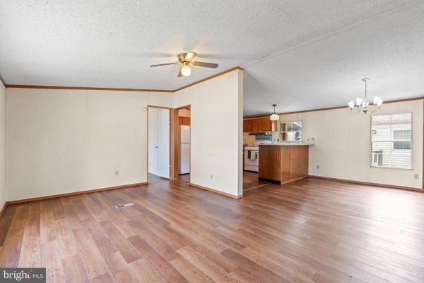 Chandelier, Empty room, Interior, Kitchen, Wood Texture Flooring