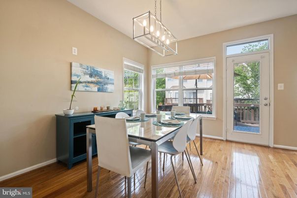 Dining room, Interior, Pendant Lights, Wood Texture Flooring