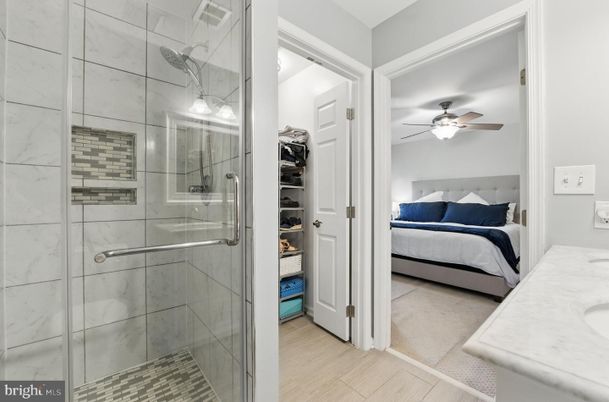 Bathroom, Bedroom, Glass Shower, Interior, Marble Walls, Wood Texture Flooring