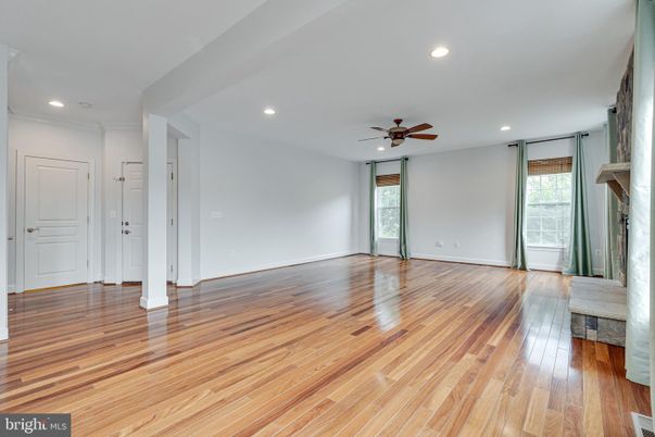 Empty room, Fireplace, Interior, Recessed Lighting, Wood Texture Flooring