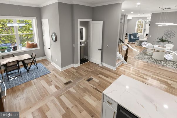 Dining room, Interior, Kitchen, Pendant Lights, Recessed Lighting, Wood Texture Flooring