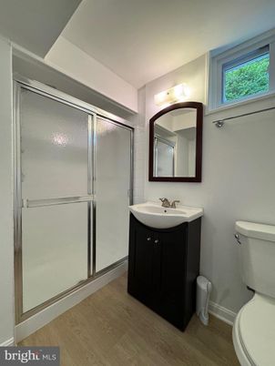 Bathroom, Glass Shower, Interior, Wood Texture Flooring
