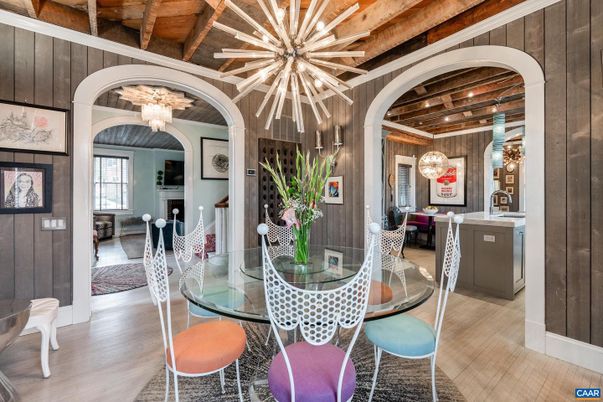 Chandelier, Dining room, Interior, Pendant Lights, Wooden Beams, Wooden Ceilings, Wood Texture Flooring, Wooden Walls