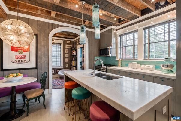 Interior, Kitchen, Pendant Lights, Stainless Steel Appliances, Wooden Beams, Wooden Ceilings, Wood Texture Flooring