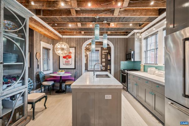 Dining room, Interior, Kitchen, Pendant Lights, Stainless Steel Appliances, Wooden Beams, Wooden Ceilings, Wood Texture Flooring
