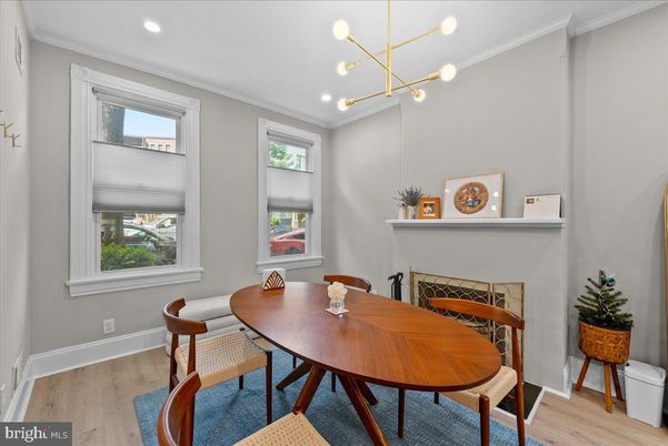Dining room, Fireplace, Interior, Pendant Lights, Recessed Lighting, Wood Texture Flooring