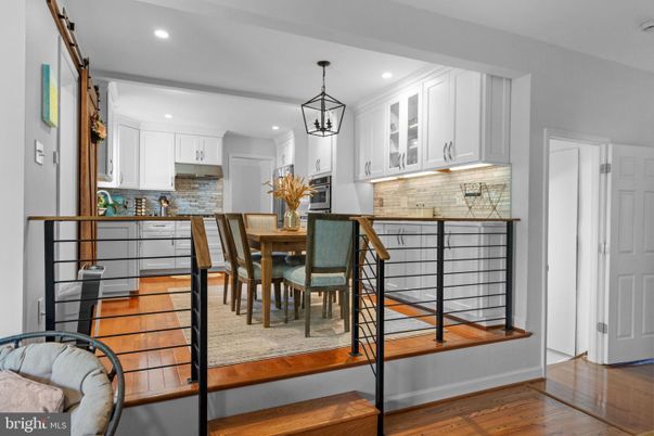 Dining room, Interior, Kitchen, Pendant Lights, Recessed Lighting, Wood Texture Flooring