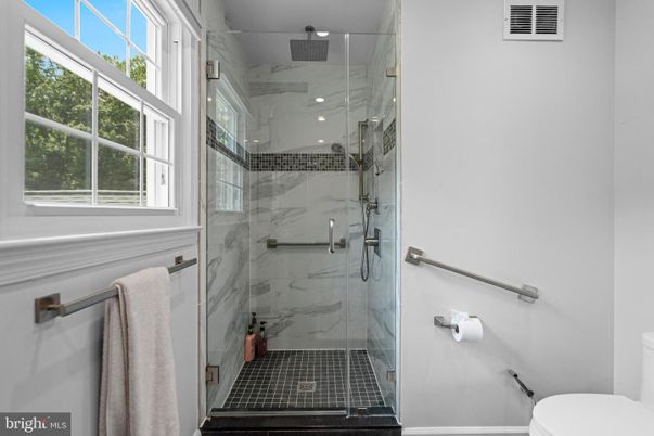 Bathroom, Glass Shower, Interior, Marble Walls, Recessed Lighting