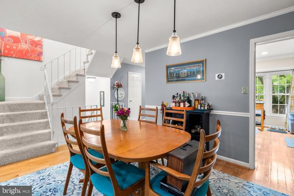 Dining room, Interior, Pendant Lights, Recessed Lighting, Wood Texture Flooring