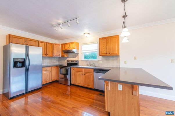 Interior, Kitchen, Pendant Lights, Stainless Steel Appliances, Wood Texture Flooring