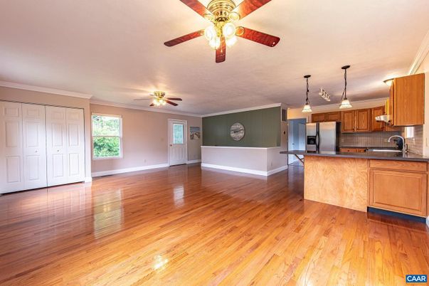 Empty room, Interior, Kitchen, Pendant Lights, Wood Texture Flooring