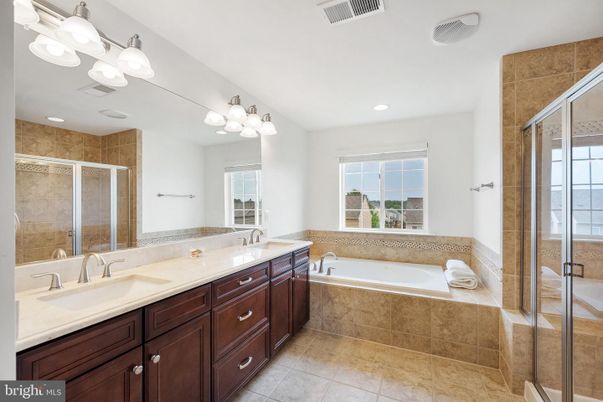 Bathroom, Dual Sink Vanities, Glass Shower, Interior, Recessed Lighting