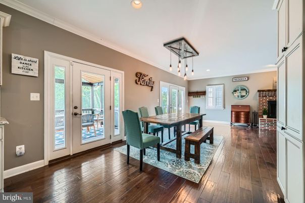 Dining room, Interior, Pendant Lights, Recessed Lighting, Wood Texture Flooring