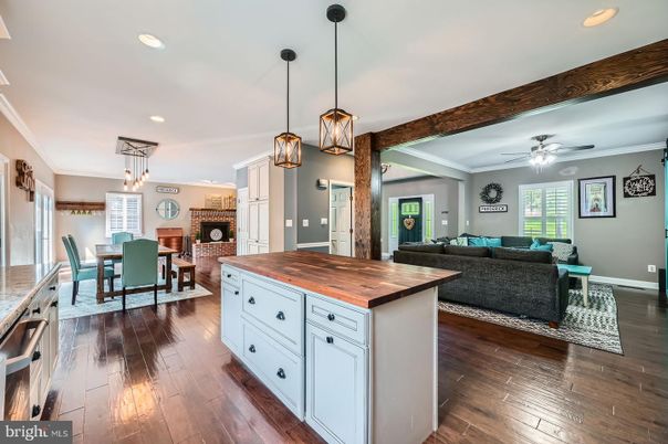 Dining room, Fireplace, Interior, Kitchen, Living room, Pendant Lights, Recessed Lighting, Wood Texture Flooring